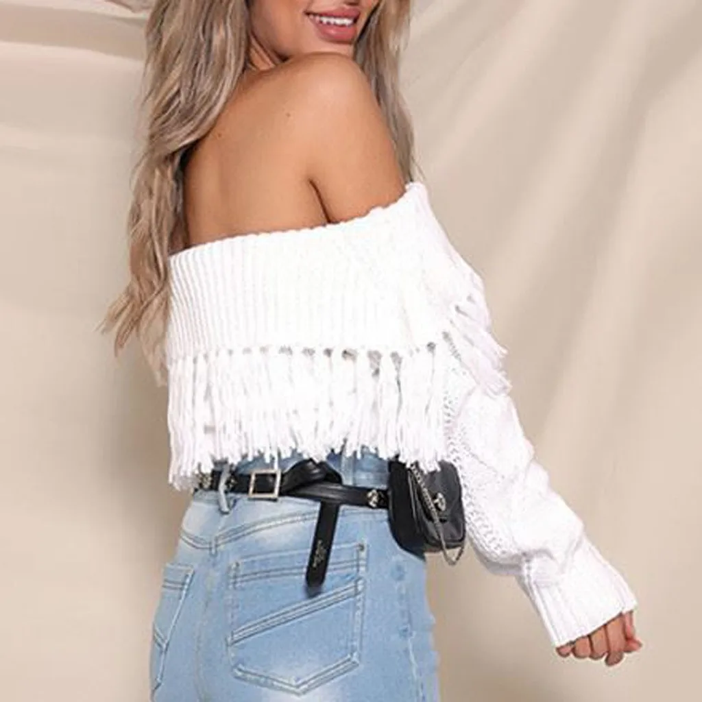Women Sexy Solid Off Sweater Shoulder Tassel Long Sleeve Loose Sweaters Blouse Tops Female Women's Winter Clothes | Женская одежда