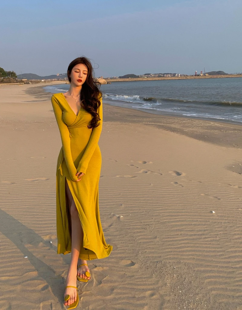 

Real Photo 2021 New Chic Sexy Dress Women's V-Neck Open Back Split Dress Slim Knit DRESS