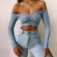 sexy v neck one shoulder crop tops women long sleeve t shirt spring autumn casual pullover tops slim bodycon fashion basic shirt