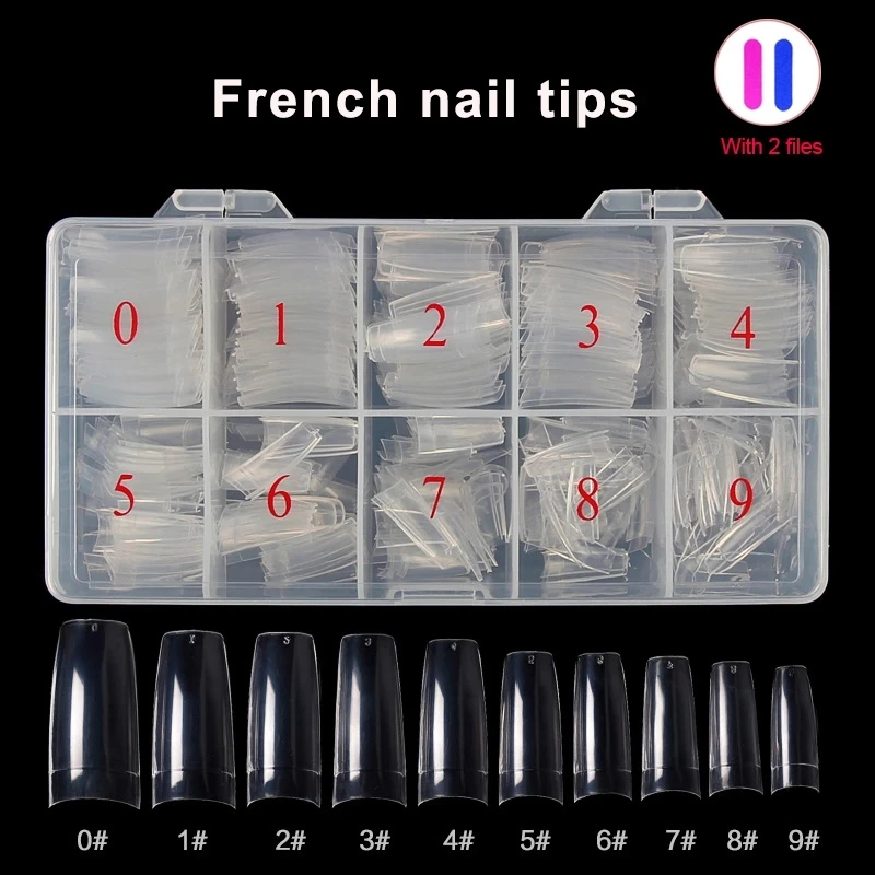

500pcs False Nail Tips Professional Acrylic Long Stick on Nail Material Capsule French Style Full Cover Practice Transparent Tip