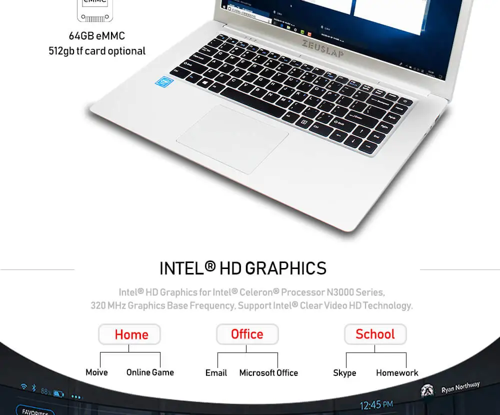 ZEUSLAP 15,6 дюйма, узкая рамка 1920x1080P FHD Intel четырехъядерный процессор 4 ГБ DDR3 64 Гб eMMC Windows 10 ультрабук ноутбук