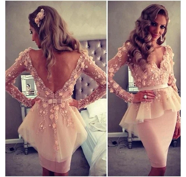 

2018 Vestido De Festa Curto Long Sleeve Flowers Open Back Short Party prom gown robe demoiselle d'honneur bridesmaid dresses