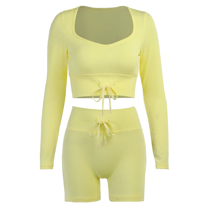 

Wannathis Summer Sexy Women Two Piece Short Set Slim Lace Up Crop Top 2021 Long Sleeve Outfit Sport Casual Fitness Fashion Sexy