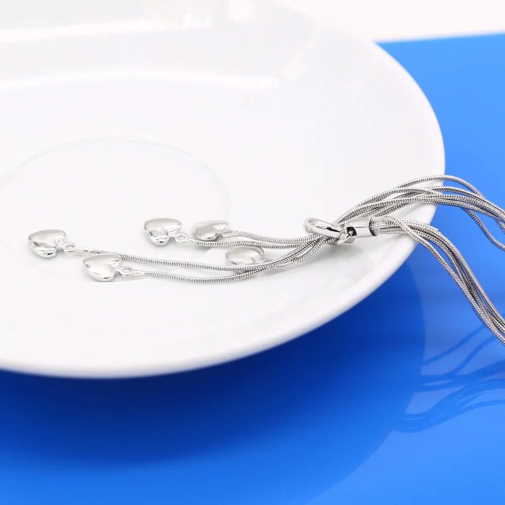 Мода 925 Серебряное ожерелье для женщин с кисточками сердце подвеска цепочка