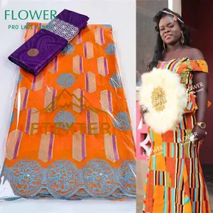 Orange 2.5+2.5 Yards Basin Riche Fabric For Gambia African Traditional Wedding Women Dresses 2021 Top Quality Dry Lace Materials