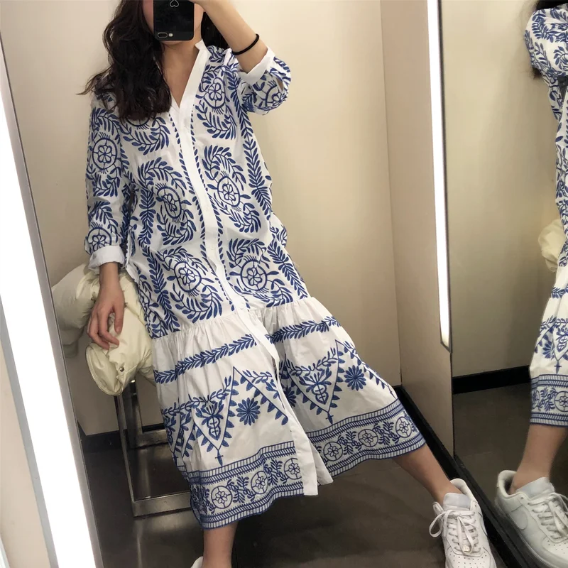 

Casual Loose Ruffle Dress For Women Plus Size Chic Retro Ethnic Print Stand-up Collar Single-breasted Loose All-match Shirt