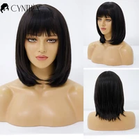 black straight short daily hair synthetic wigs with bangs white women cosplay party natural heat resistant female fiber wig