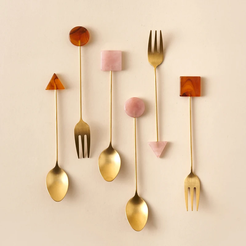 4pcs Stainless Steel Small Spoon Fork Set INS Coffee Tea Stirring Household Gold-Plated Acrylic Geometric Shape Spoons Forks | Дом и сад