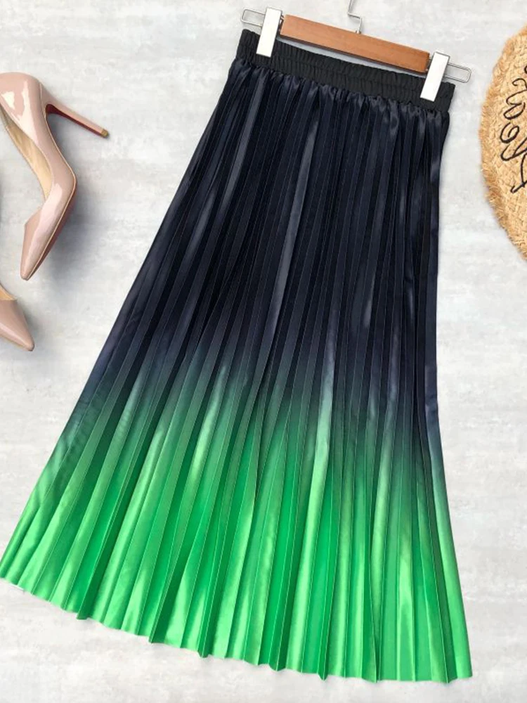 

TIGENA Fashion Satin Gradient Pleated Midi Long Skirt Women New Sping All-match A Line High Waist Mid-length Skirt Female Ladies