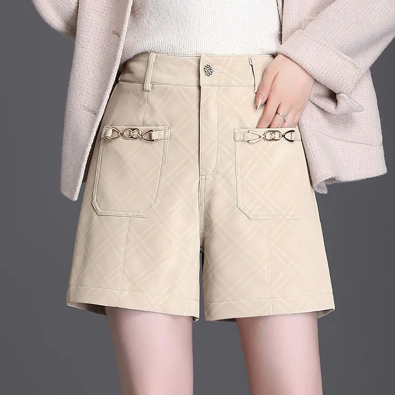 

Withered England Style Vintage Leather High Waist PU Mom Shorts Women Casual Bermuda Loose Short Feminino Plus Size Women Shorts