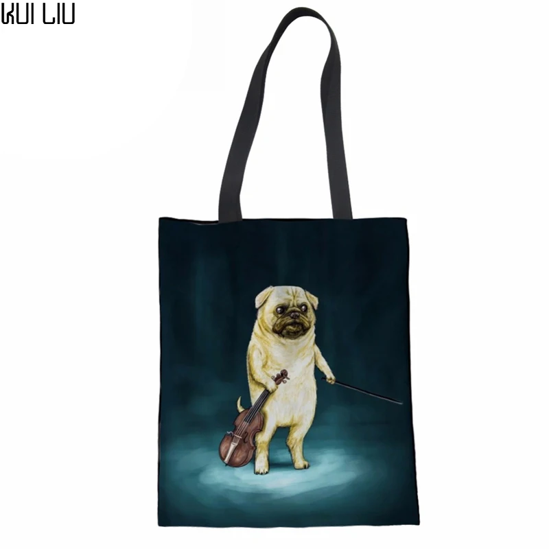 

Kui Liu Canvas Tote Bag Women Shoulder Bags 3D Pug Dog Print Girls Reusable Folding Shopping Bag Portable Beach Bolsa Feminina