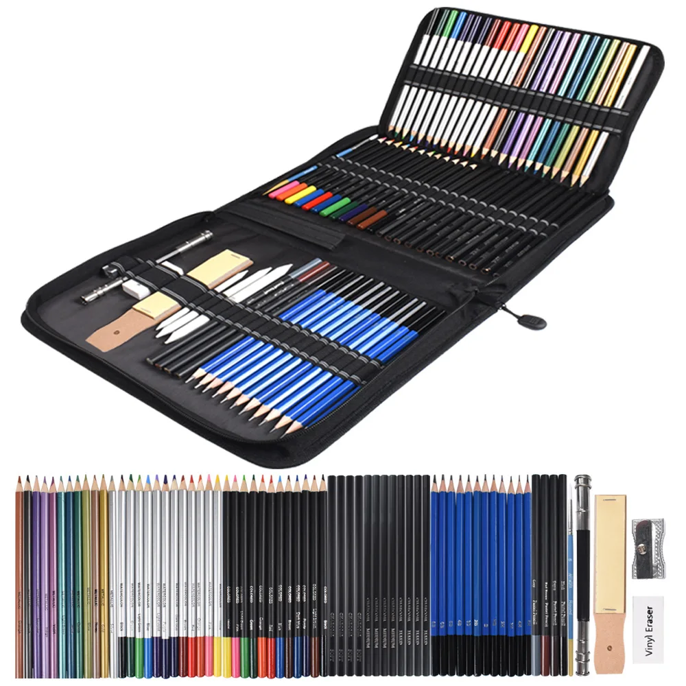 

72PCS Sketch Pencils and Colored Pencils Set School Supplies Drawing Pencils Beginner Kit Watercolor Metallic Oily Art Supplies