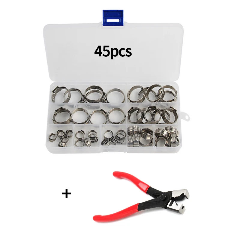 

130/80/45pcs Stainless Steel 1-Ear Stepless Fuel Clamp Worm Drive Fuel Water Hose Pipe Clamps Clips+ 1PC Hose Clip Clamp Pliers