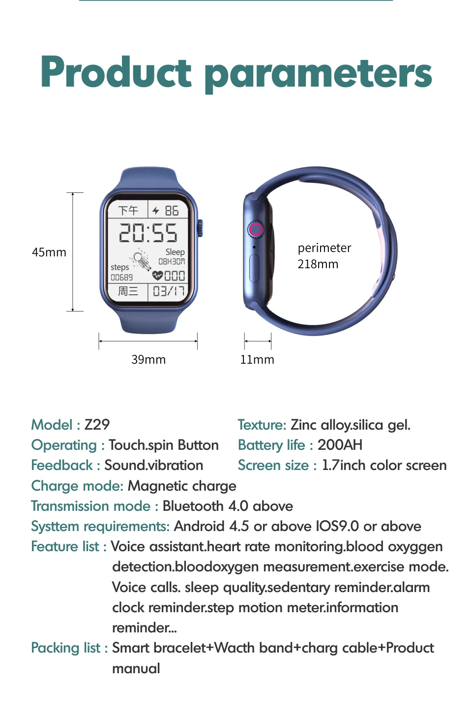 

2021 New Z29 Smart Watch men's Watch Oversized Screen Bluetooth 4.0 above Sports Fashion Health monitoring smartwatch Bracelet