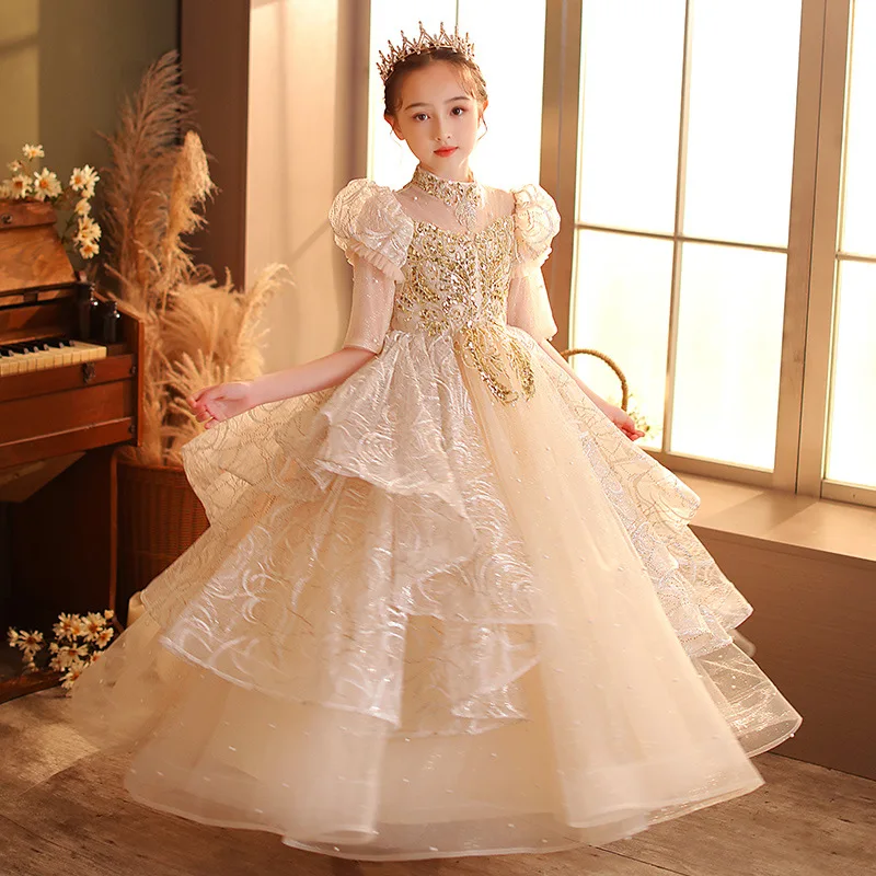 Sequin Lace Princess Dress for Girl Birthday Wedding Bridesmaid Dress Teen Elegant Formal Performance Costume Evening Party Gown