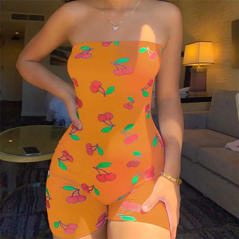

2XL Women Big Size Romper Casual Jumpsuit Boho Cherry Print Playsuit Shorts Sexy Sleeveless Wrap Chest Oversized Jumpsuit Women