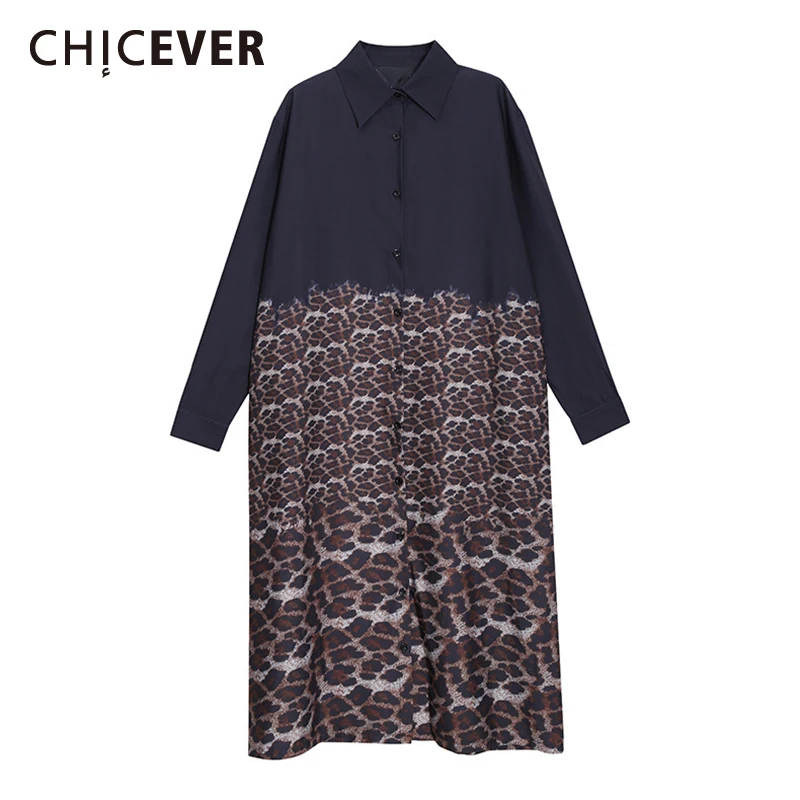 

CHICEVER Повседневное платье с принтом для женщин, с отворотом, с длинным рукавом, свободное, цветное, лоскутное, миди платья, женская модная оде...