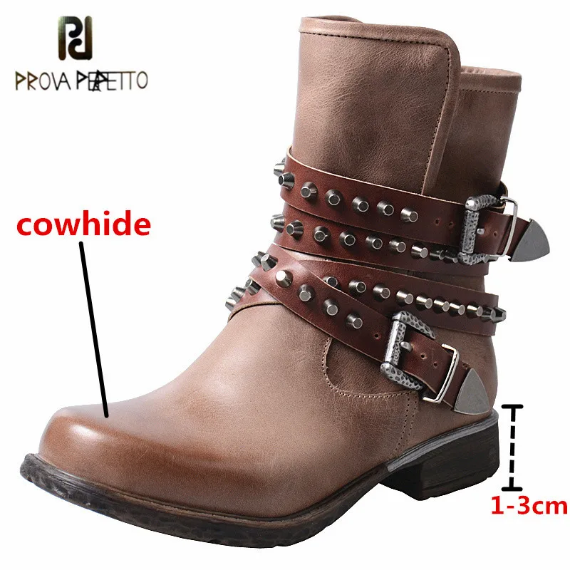 

Prova Perfetto Genuine Leather Retro Fashion Womens Ankle Boots Rivet Metal Decoration Mixed Colors Buckle Strap Motorcycle Boot