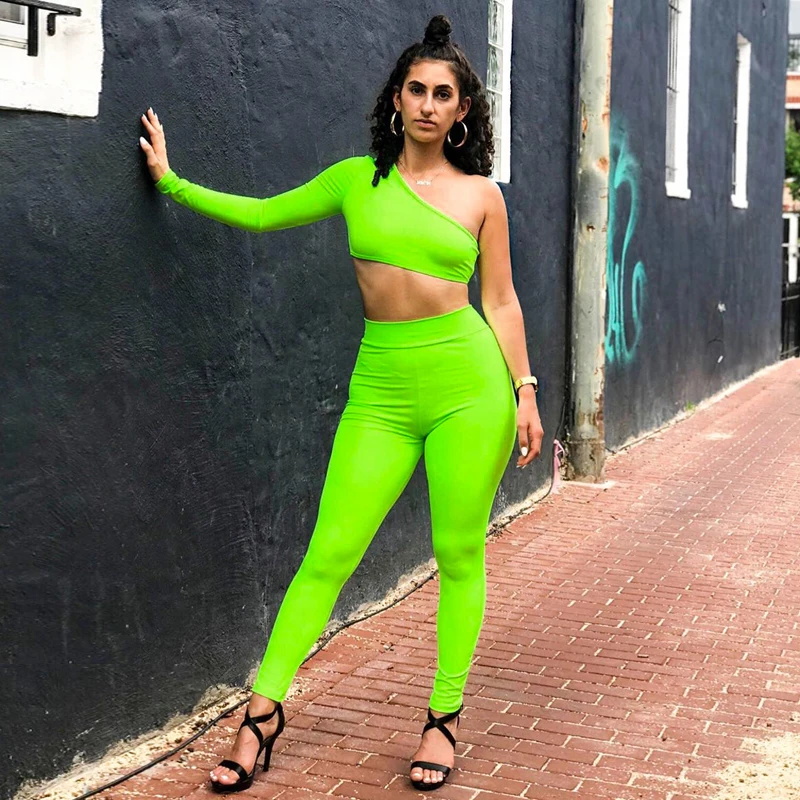 

Zoctuo One Shoulder Two Piece Set Crop Top and Pants Matching Set Outfits Women Sexy Club Solid Fashion Tracksuit