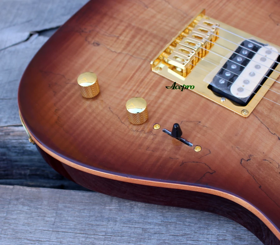 ACEPRO Высокое качество электрогитара, 2 шт. корпус из красного дерева и Spalted клен, Абалон Точки инкрустация, белый жемчуг тюнеры
