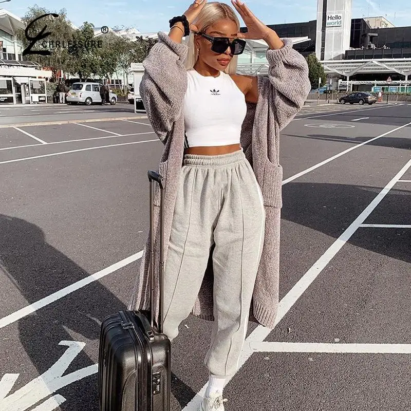 Повседневные серые брюки для женщин Свободные в полоску сбоку Осенние с высокой