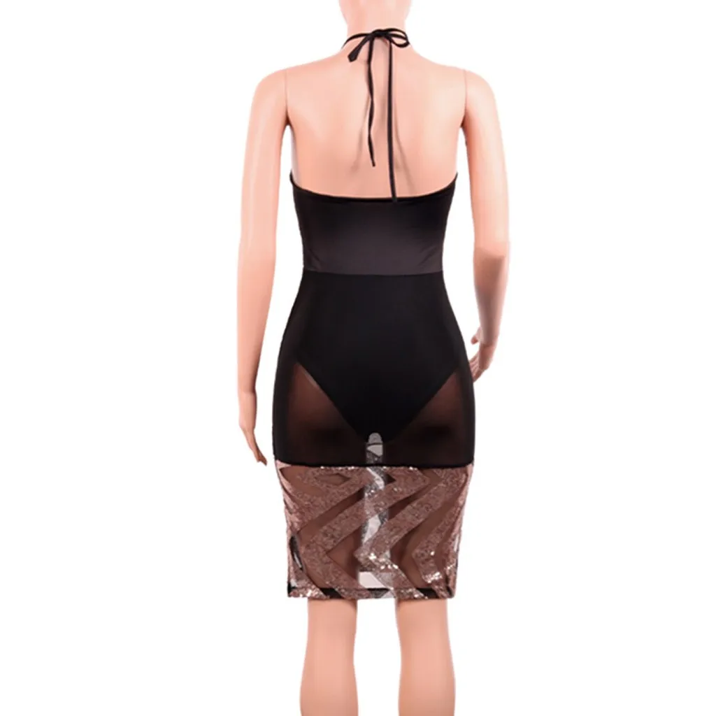 Женское сексуальное платье облегающее вечернее без рукавов с блестками на
