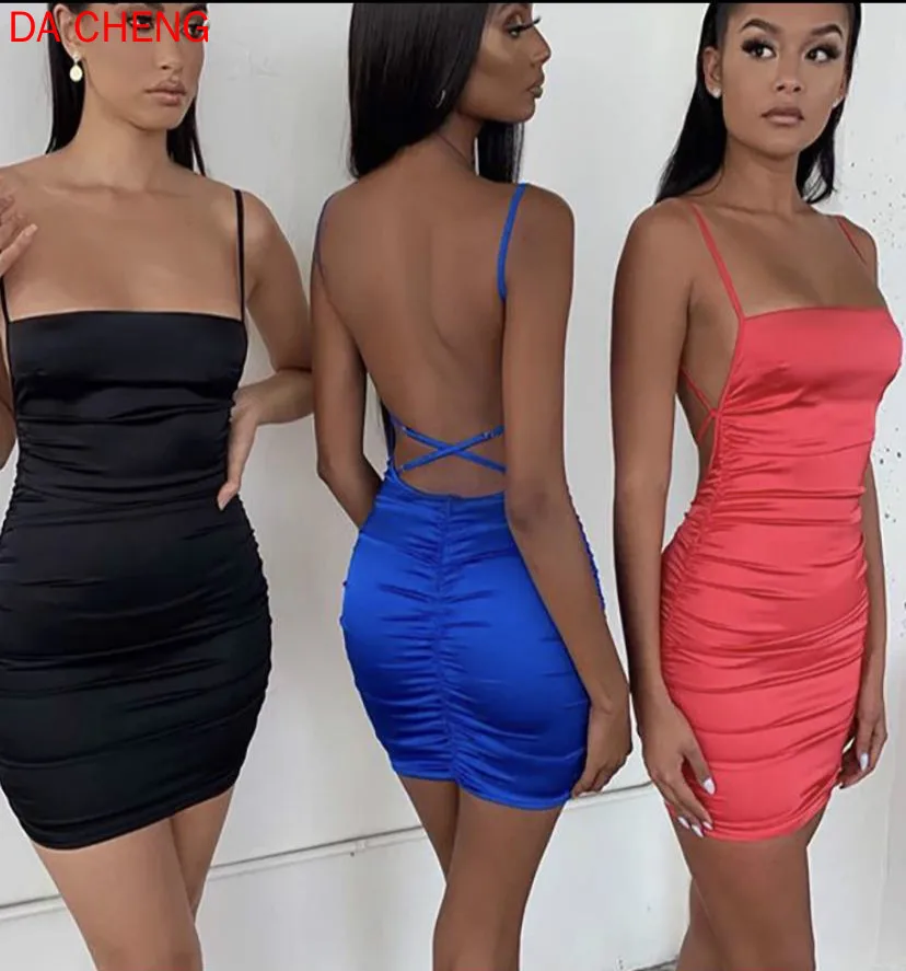 

2022 Europe Summer Sexy Suspenders Pleat Pack Hip Nightclub Dresses Elegant Vestidos Summer Dress