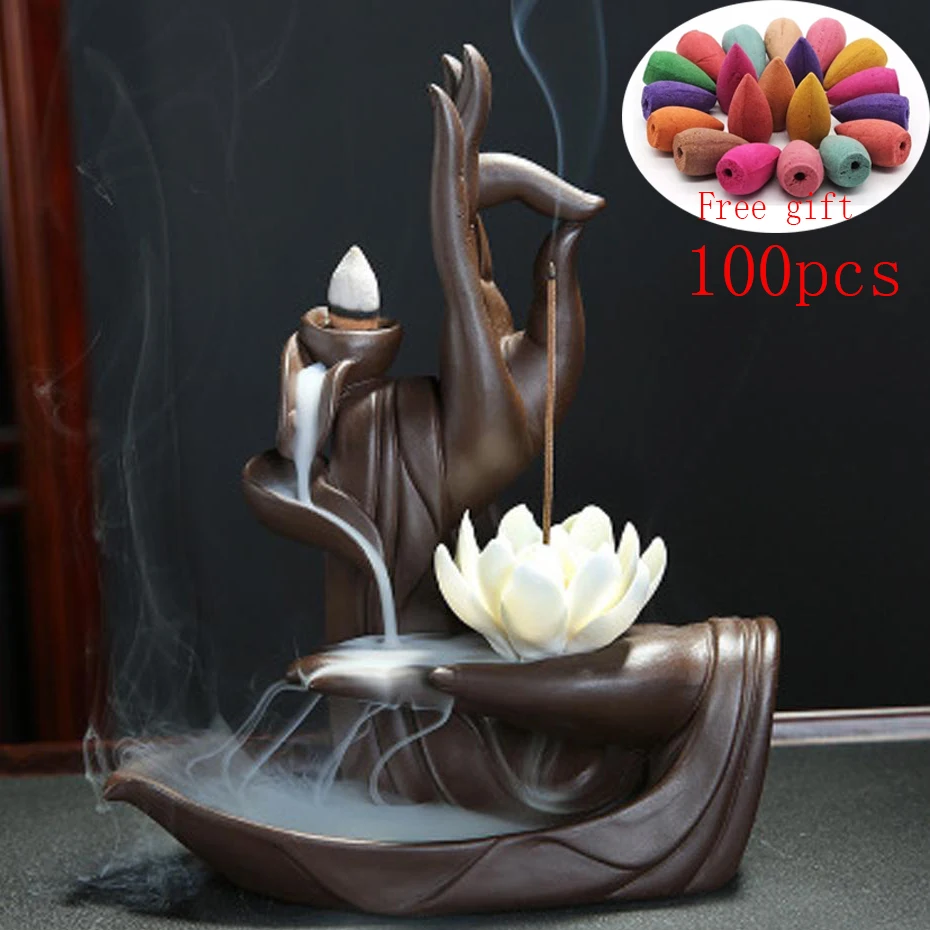 

Zen Buddha Hand Incense Burners Backflow Incense Burner Holder Lotus Home Decor Joss Stick Aroma Tower Censer Home Decoration