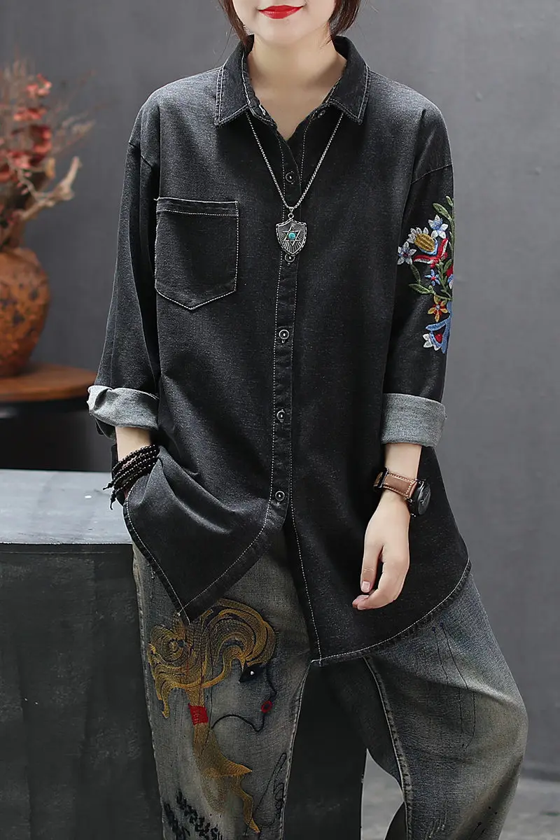 

New Retro Literary Embroidery Lapel Denim Shirt Autumn Casual Loose Long Sleeve Cardigan Jacket Female Single Breasted Top KN053