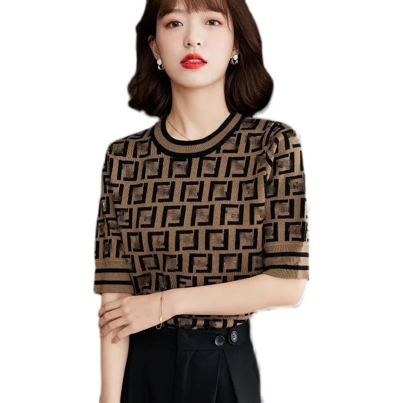 

Summer 2021 New Fashion Knitted Shirt Short Sleeve Women Slim Joker Thin Backing T-shirt Ins Tide Jacket Women