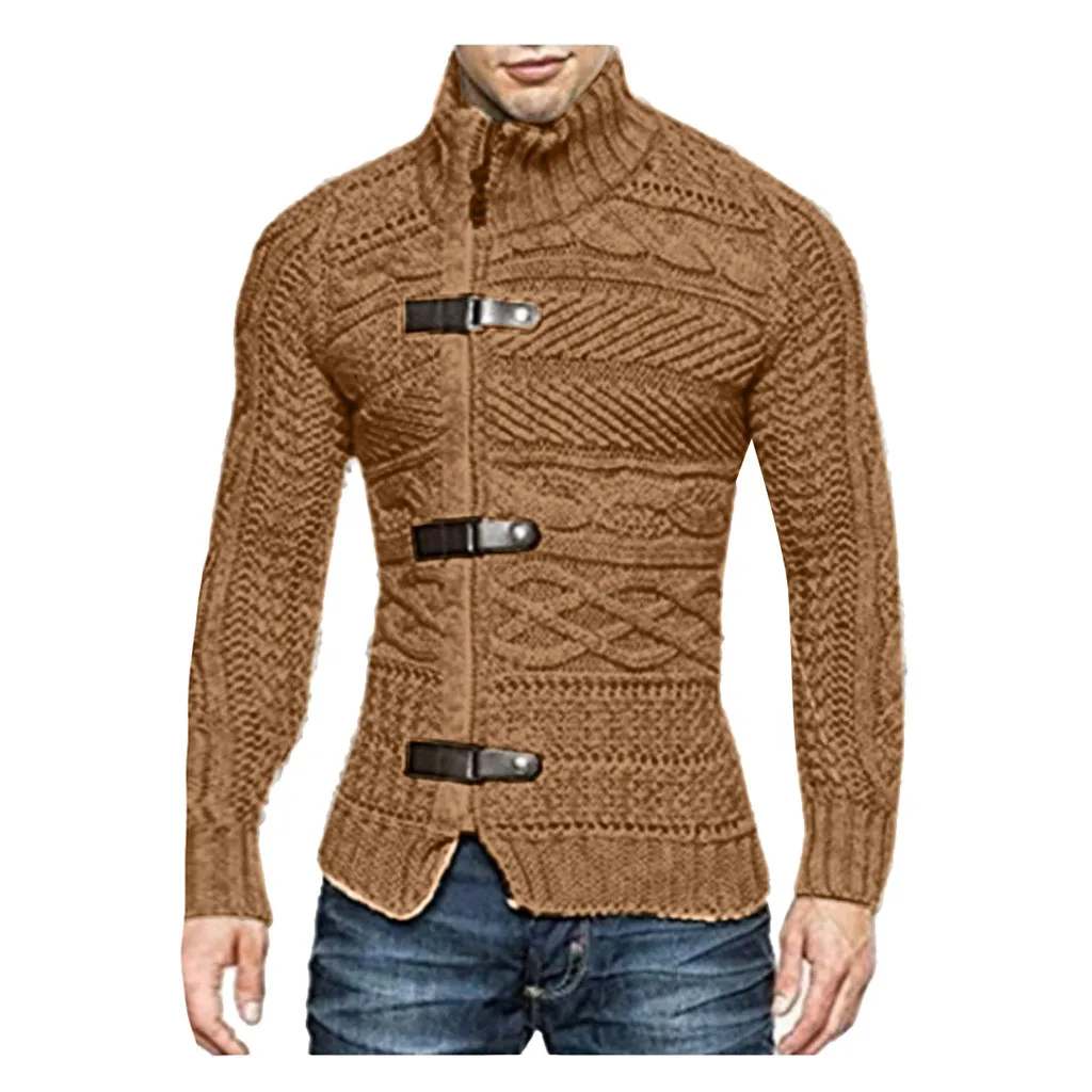 

Качественные осенние мужские вязаные свитера с длинным рукавом и воротником-стойкой, повседневный мужской плотный вязаный свитер на молни...