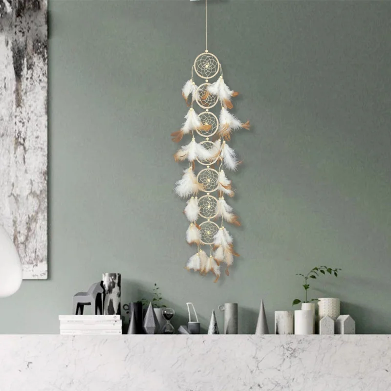 

7 Ring Indian Style Dream Catcher Natural Color Handmade Wind Chimes Feather Pendant Ornament