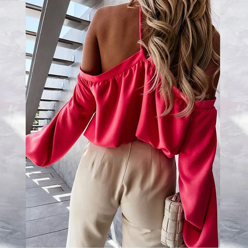 

Sexy Off-shoulder Women's T-shirt Elegant Solid Long-sleeved Halter Top Pullover 2021 New Spring Casual Ladies Hollow T-shirt