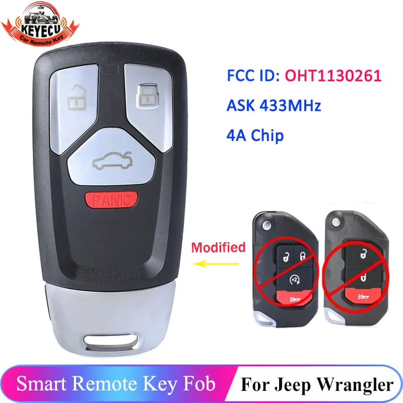 

KEYECU 4 Button OHT1130261 Modified Proximity Remote Fob Key ASK 433MHz 4A Chip for Jeep Wrangler 2018 2019 2020 2021 68416784AA