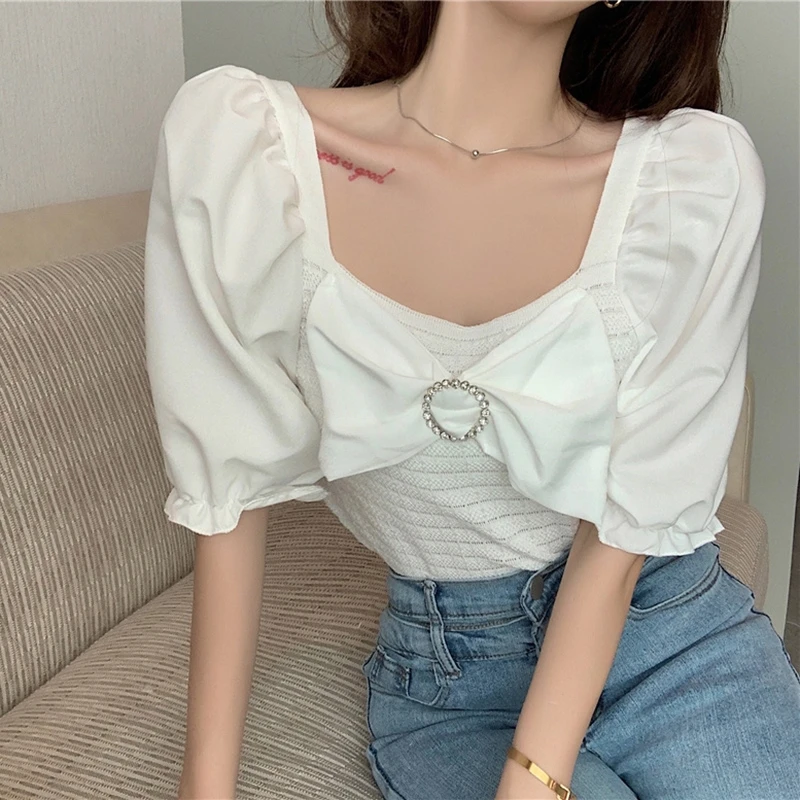 

2021 Summer New French Style Square Collar Puff Sleeve Design Chiffon Stitching Bow Shirt Clavicle Top Women