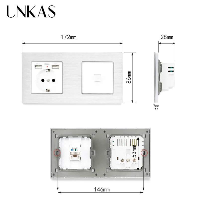 UNKAS ЕС Стандартный розетка с двойной USB выход + 1 Gang RJ11 Тел Гнездо соединителя