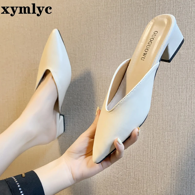 2020 new ladies pointed toe Thick heel High heels women's fashion mid-heeled shoes summer slippers Black khaki creamy-white | Обувь