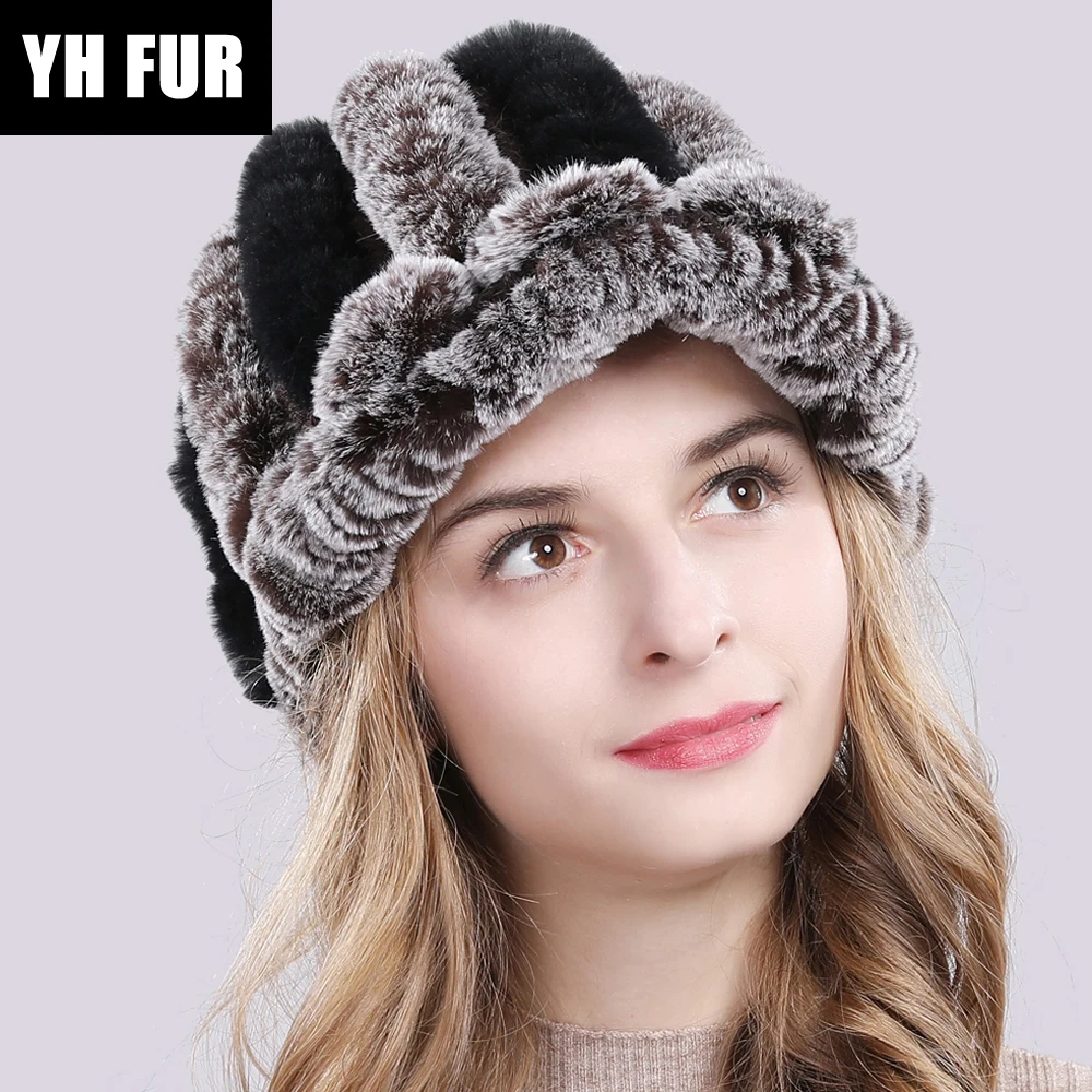 2020 новые женские вязаные Настоящий мех кролика Полосатые Шляпы зимние теплые