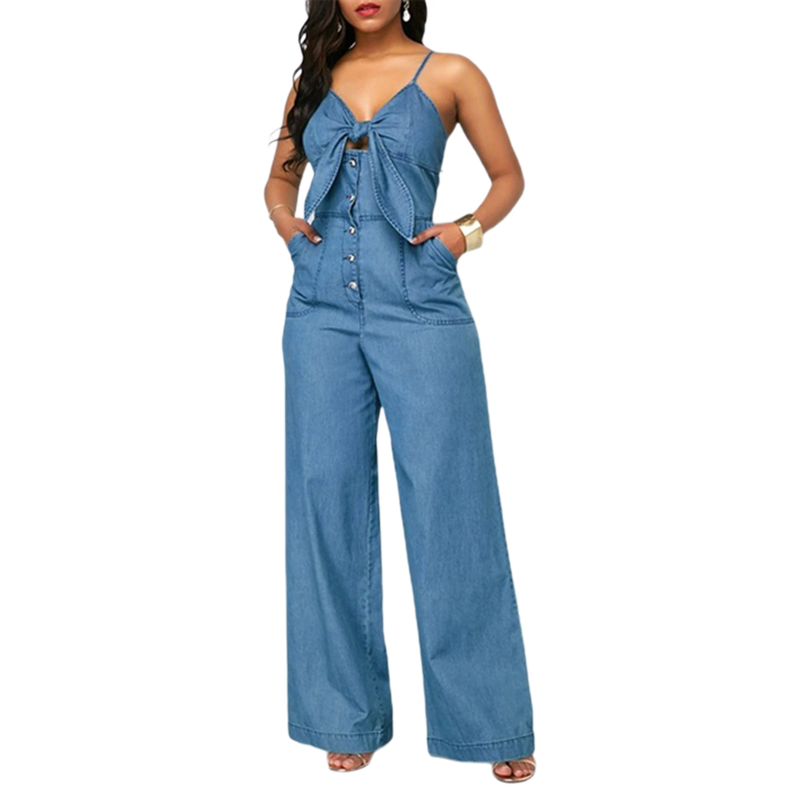 

Women's Jumpsuit, Low-cut Sling Top High Waist Loose Jeans with Pockets for Summer and Spring