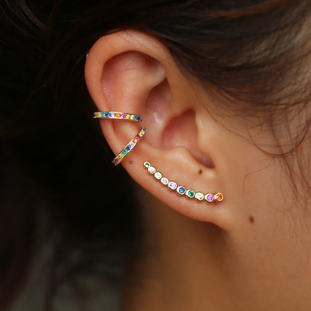 

fine 925 sterling silver dainty earring minimal delicate design Gold color colorful rainbow cz women multi piercing earrings