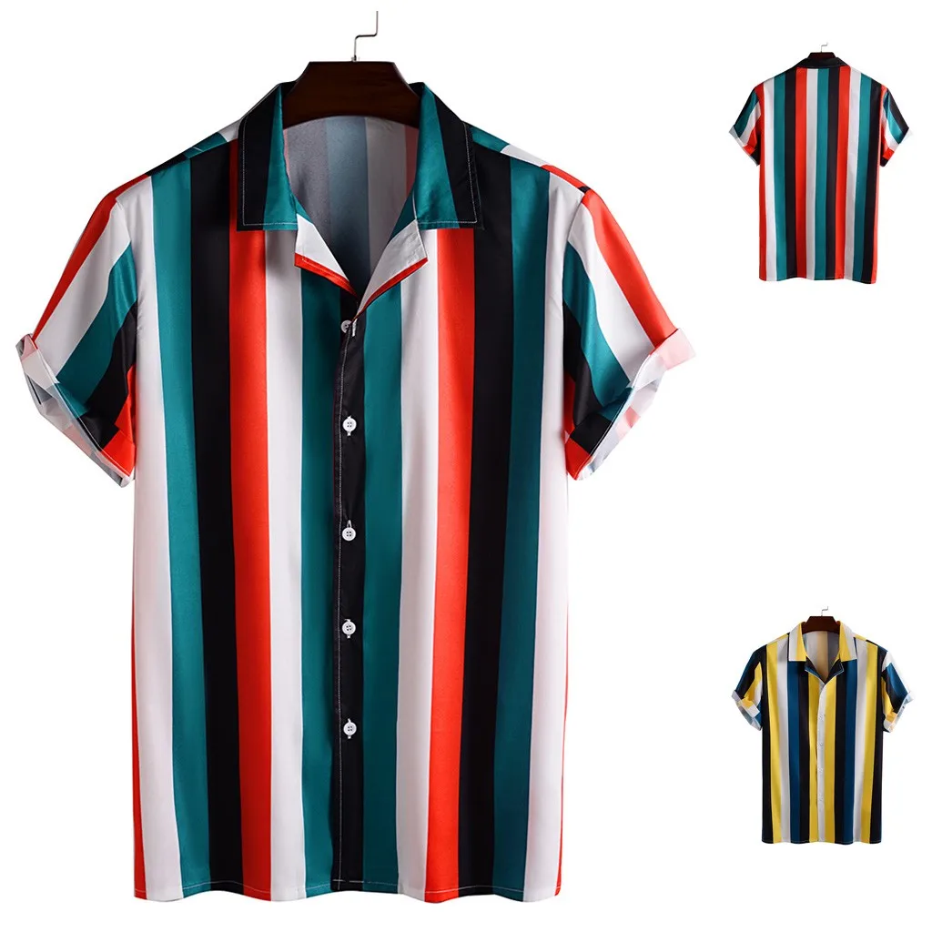 

Yellow Red Striped Shirt For Men Summer Spring Casual Cotton Breathable Button Down Top Short Sleeve T Shirts