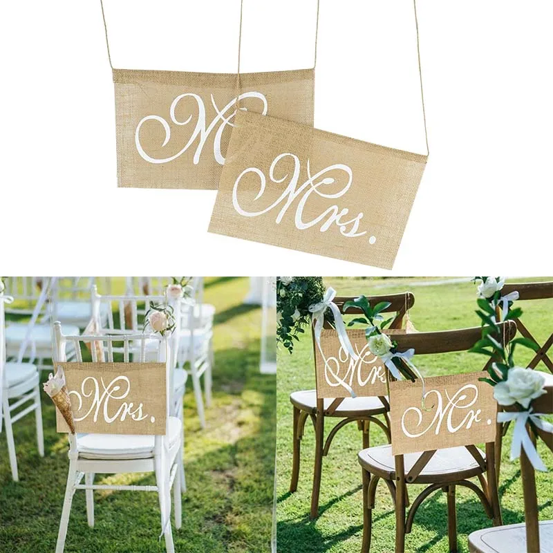 Wedding Decoration Mr & Mrs Chair Signs Linen Fabric Banners Chairs Hanging Flag Happy Wedding Valentine