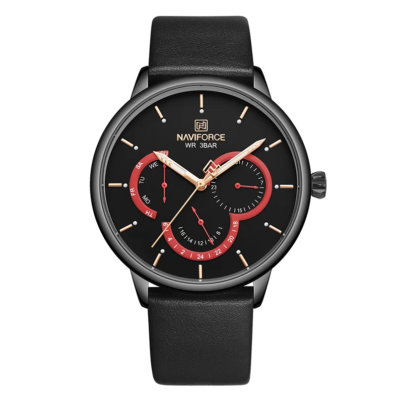 Black Red NAVIFORCE мужские часы модные бизнес часы мужские кожаные водонепроницаемые кварцевые наручные часы 24 часа мужские часы Relogio Masculino - Цвет: Black Red