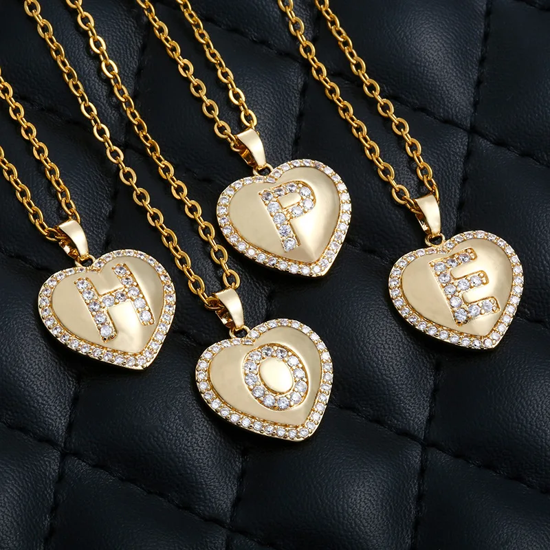 

2021 Gold Chain Initials Heart letter Necklace Pendants Jewelry Cubic Zirconia 26 Alphabet Necklace For Women Couple Gift