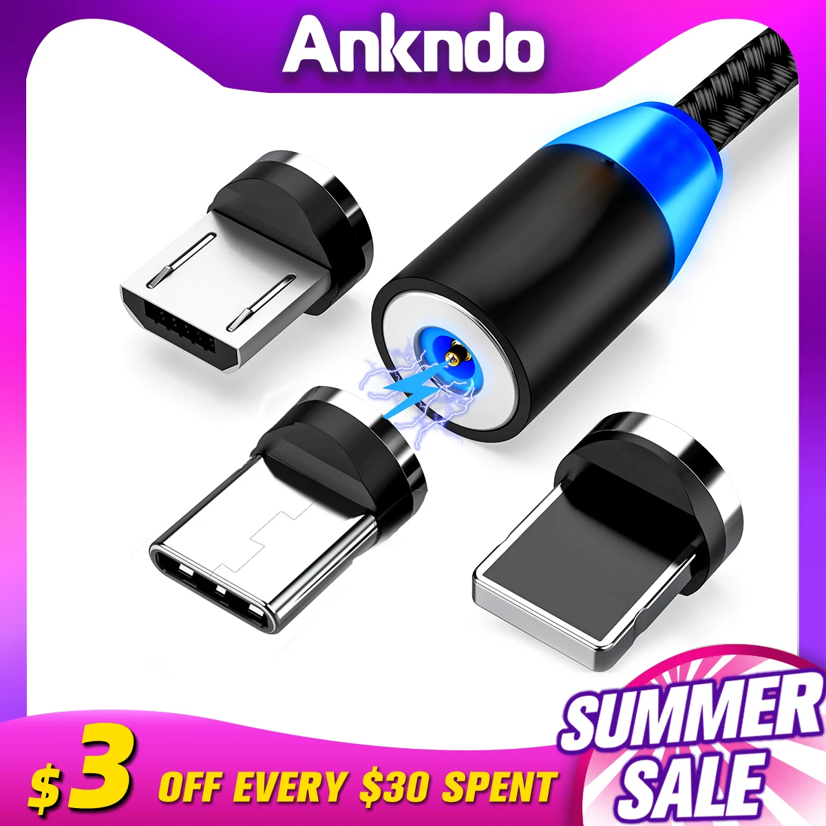 ANKNDO Магнитный usb кабель магнит микро USB C 1м 2М для быстрой подзарядки iPhone Xiaomi