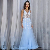 2022 sky blue long evening dresses woman party night white lace sexy v neck prom gowns mermaid tulle v neck sleeveless applique