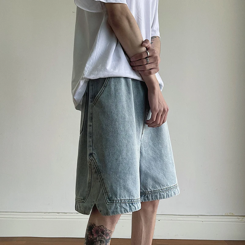 

2021 Summer New Men's Loose Short Jeans Fashion Slit Decor Denim Shorts Dark Blue Short Pants Male Brand Clothes S-2XL