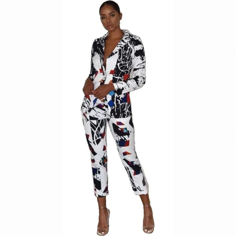 

3XL размера плюс, зимний женский комплект, с длинным рукавом, с принтом, блейзеры, брючный костюм, комплект из двух предметов, офисный женский ...