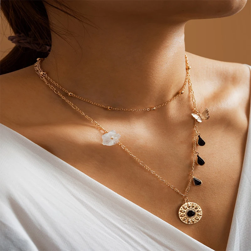 Docona Трендовое ожерелье чокер с бабочками и цветами для женщин многослойные