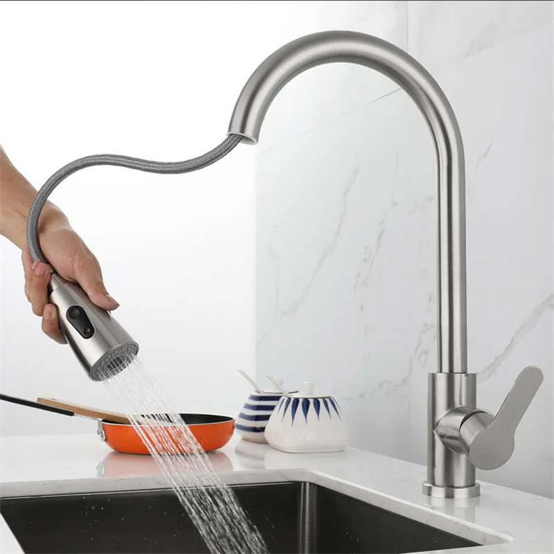 

2023 Kitchen Faucets Single Handle Kitchen Sink Faucet Brushed Nickel Stainless Steel Pulldown Head Faucet With Flexible Pullout